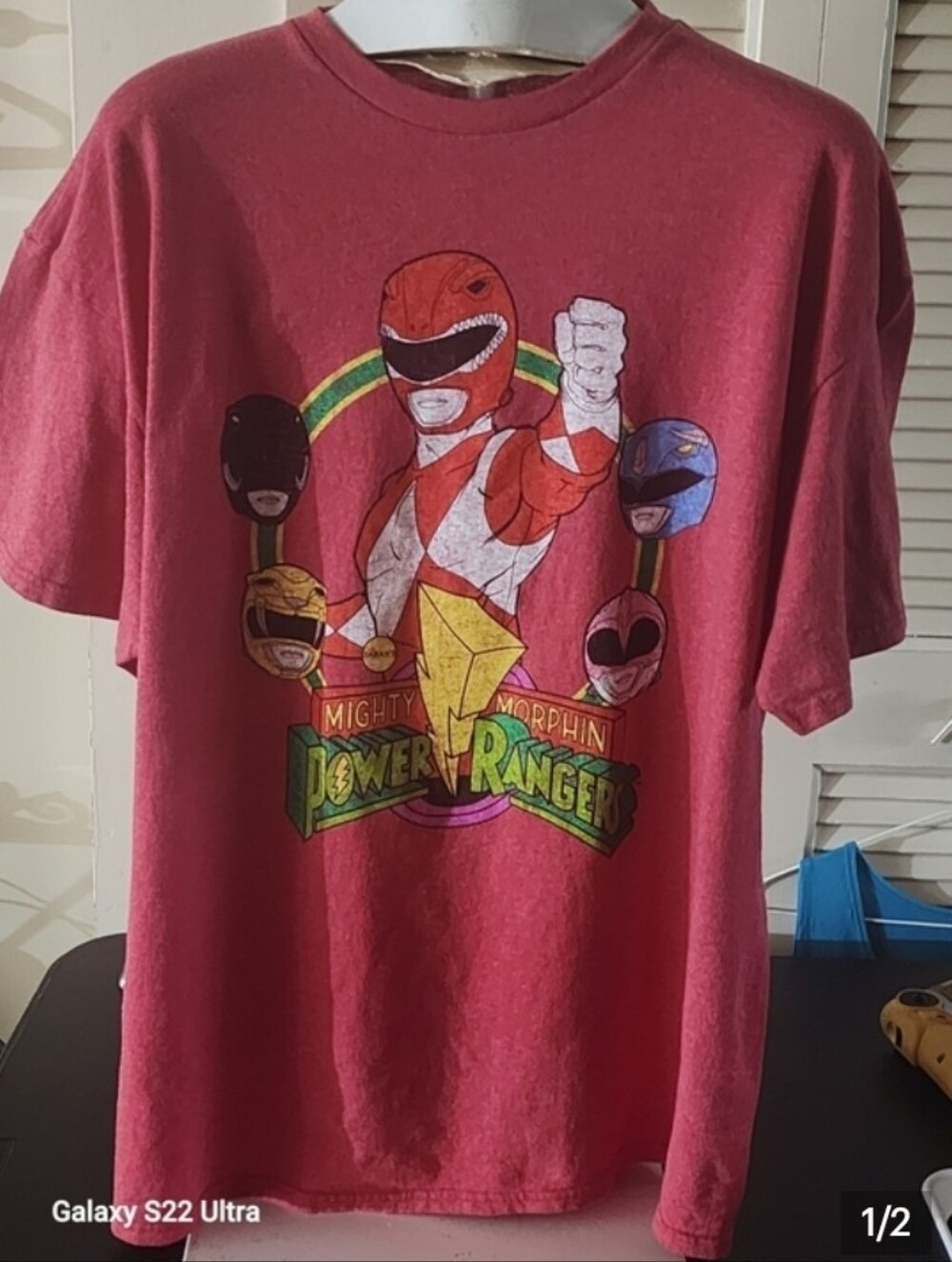 Power Ranger Red Short Sleeve Tee with Multicolor Helmet Graphic